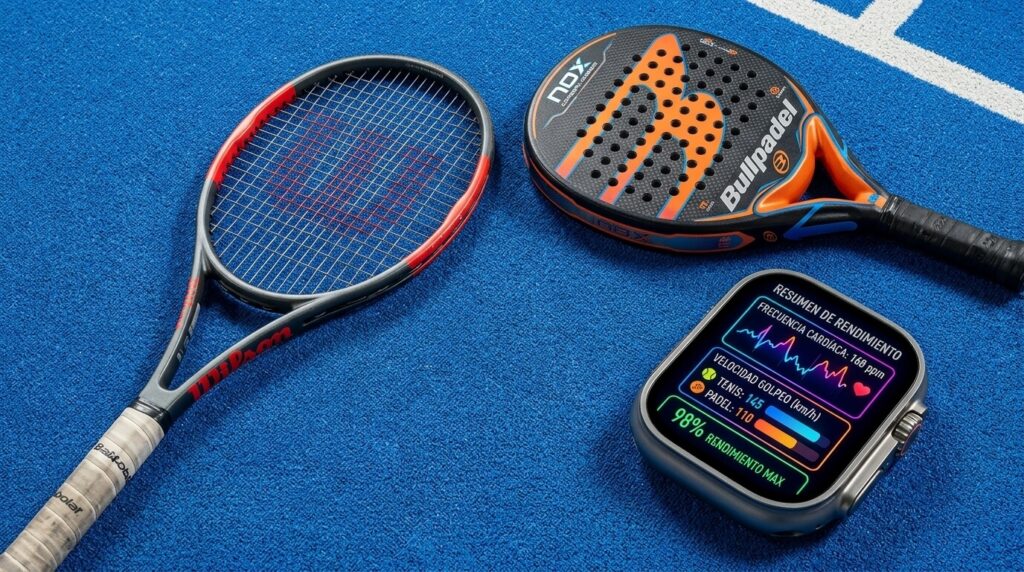 Smartwatch y sensores analizando el rendimiento biomecánico en pista de pádel y tenis.