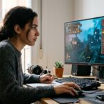 jugadora analizando mecánicas de un juego de supervivencia y crafteo en pc