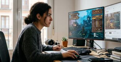 jugadora analizando mecánicas de un juego de supervivencia y crafteo en pc
