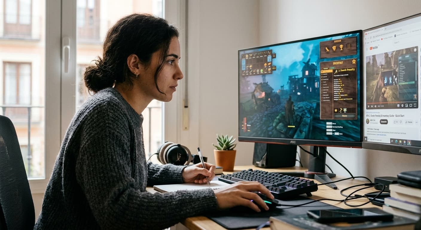 jugadora analizando mecánicas de un juego de supervivencia y crafteo en pc