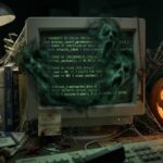 Código informático y bugs de software en una pantalla de ordenador antigua