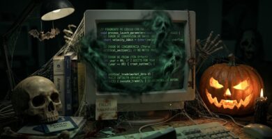 Código informático y bugs de software en una pantalla de ordenador antigua