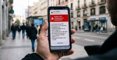 Notificación del sistema ES-Alert de Protección Civil en la pantalla de un smartphone.