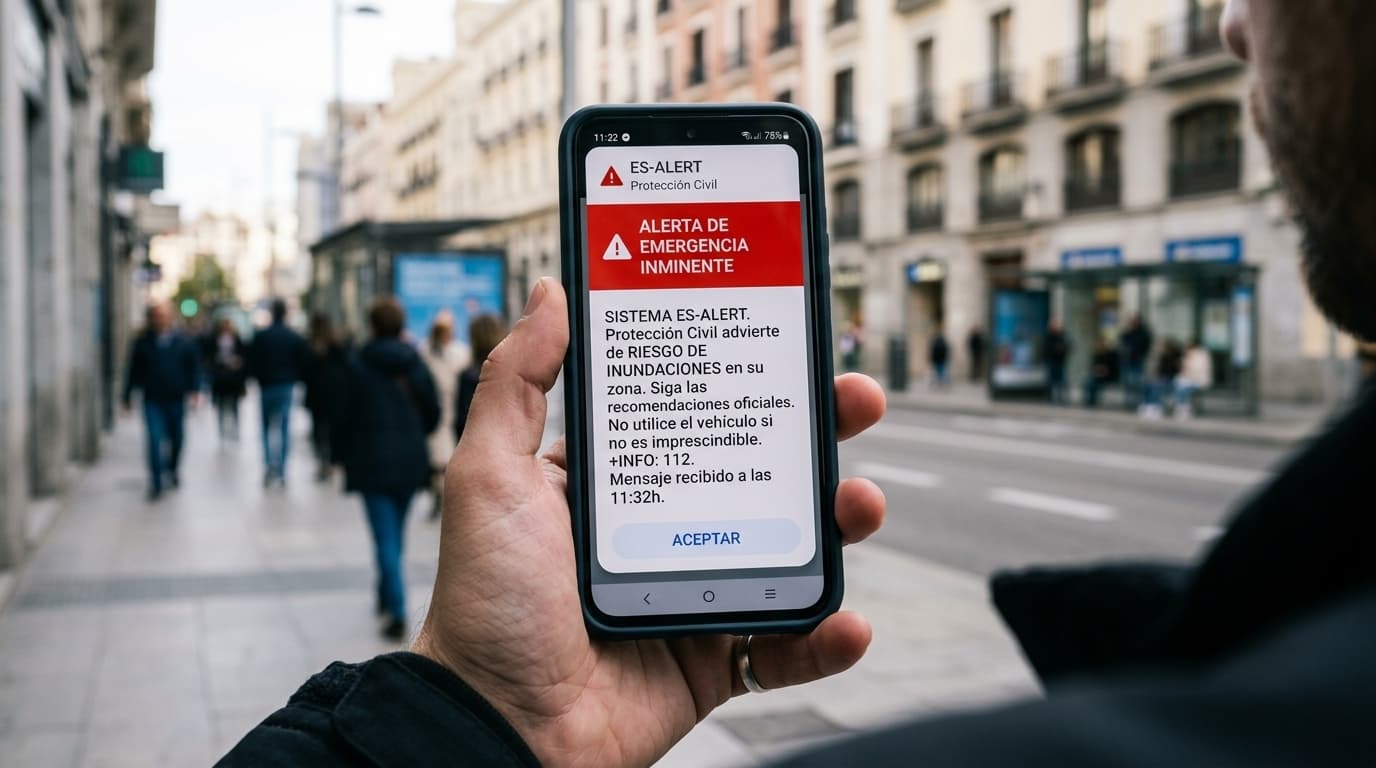 Notificación del sistema ES-Alert de Protección Civil en la pantalla de un smartphone.
