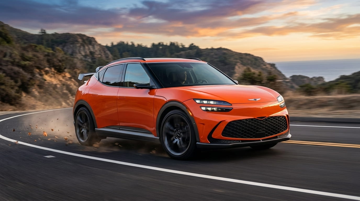 Coche eléctrico deportivo Genesis GV60 Magma en color naranja de alta gama.
