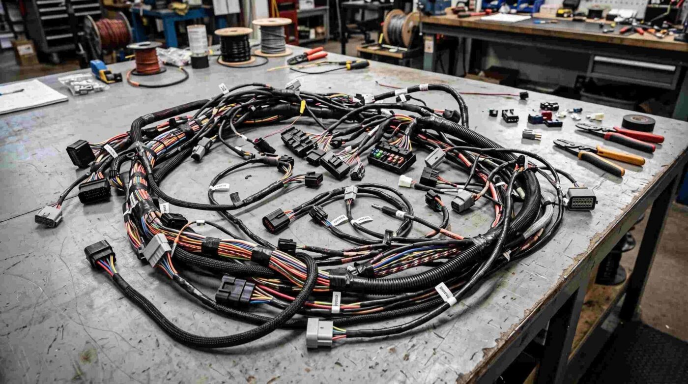 Mazo de cables industrial estructurado y etiquetado con conectores para ensamblaje de prototipos
