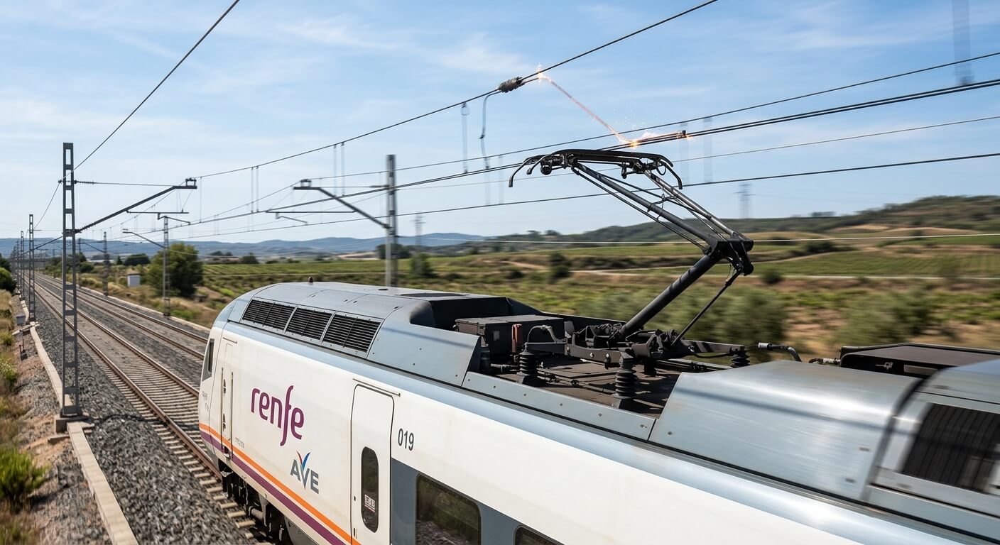 Pantógrafo de tren de alta velocidad en contacto con la catenaria