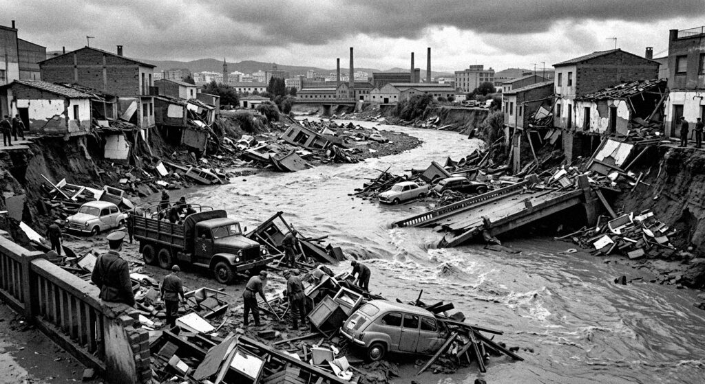 Devastación en la Riera de las Arenas por la Riada del Vallès de 1962
