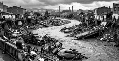 Devastación en la Riera de las Arenas por la Riada del Vallès de 1962
