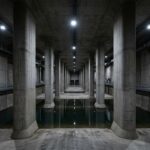 Interior del gigantesco tanque de tormentas de Arroyofresno bajo el suelo de Madrid con columnas de hormigón