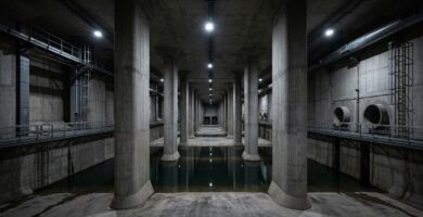 Interior del gigantesco tanque de tormentas de Arroyofresno bajo el suelo de Madrid con columnas de hormigón