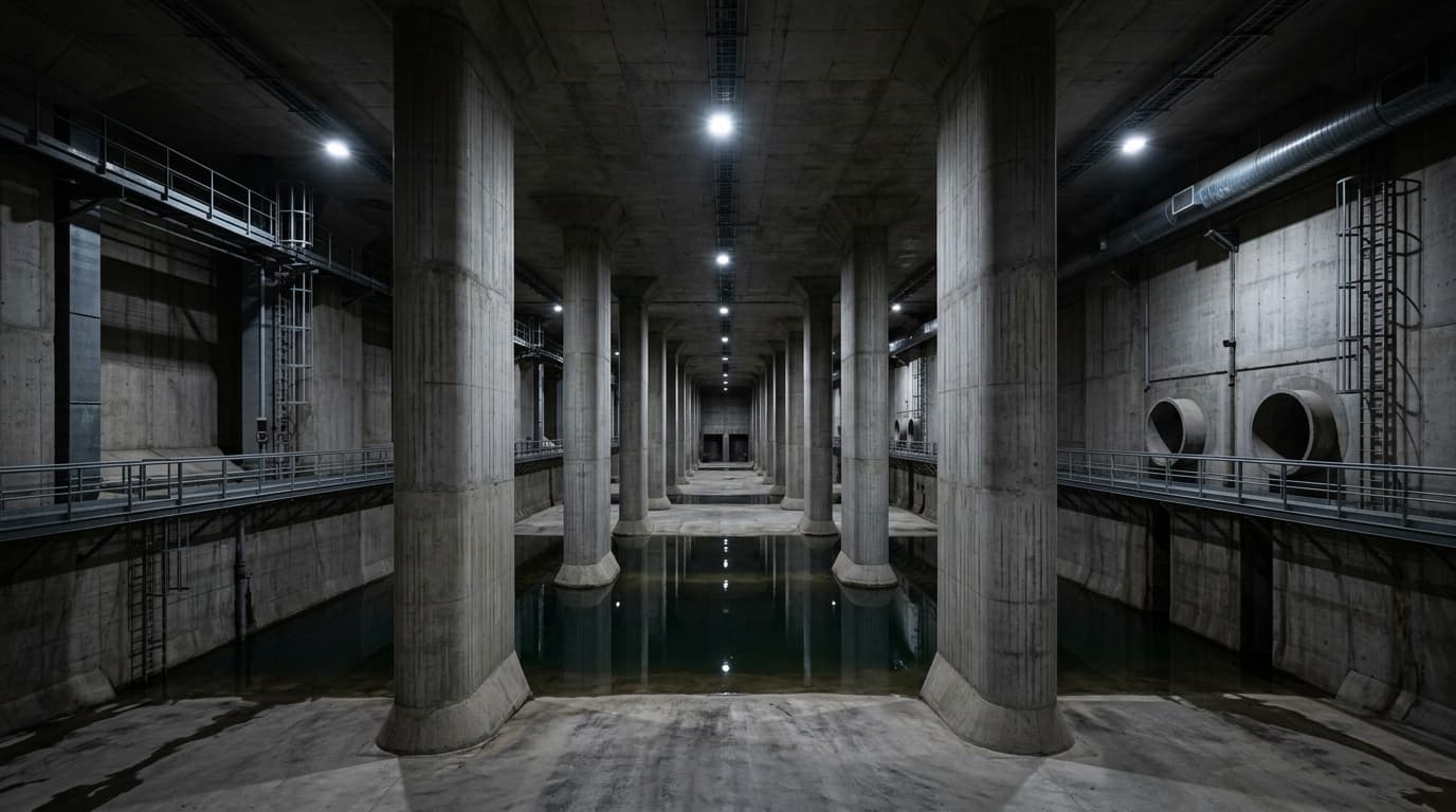 Interior del gigantesco tanque de tormentas de Arroyofresno bajo el suelo de Madrid con columnas de hormigón