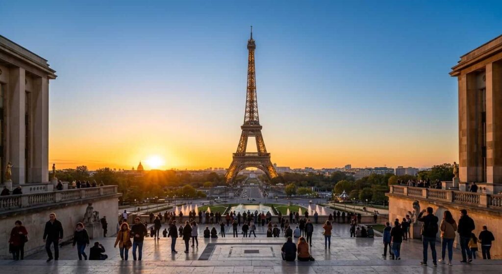 Estructura geométrica e iluminación nocturna de la Torre Eiffel en París