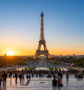 Estructura geométrica e iluminación nocturna de la Torre Eiffel en París